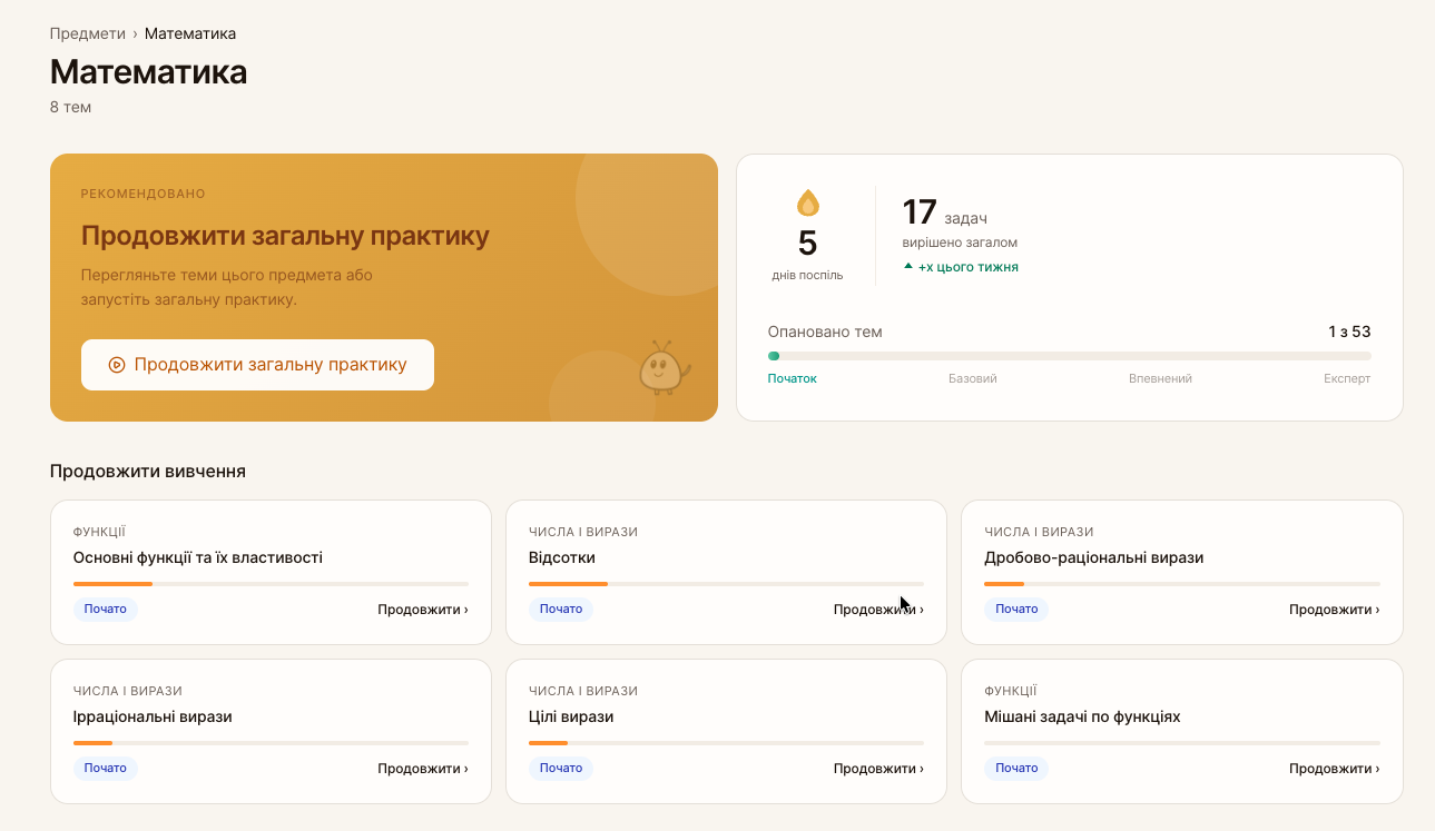 Сторінка математики в Ronko з темами та прогресом